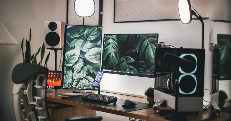 Stylish gaming and streaming setup with dual monitors, PC, and accessories.