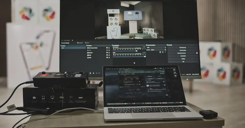 Multimedia setup featuring a laptop and a large monitor in a tech-savvy workspace.