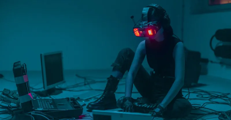 A person in a VR headset hacking in a moody, neon-lit environment.