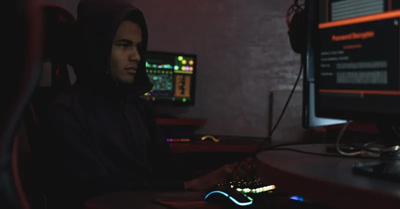 A hacker in a hoodie working in a dimly lit room, focusing on cyber security tasks on multiple monitors.