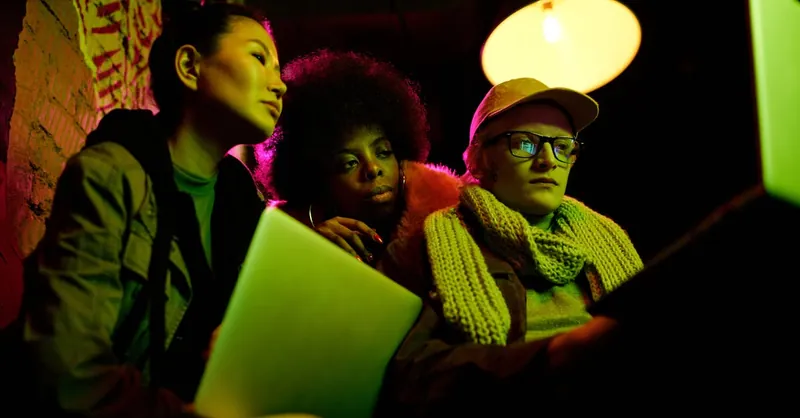 A diverse trio deeply focused on laptops under vibrant lighting, indicating cyber security themes.