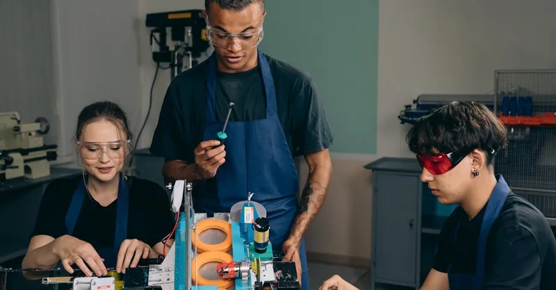 Engineering team working with tools and equipment in a modern workshop.