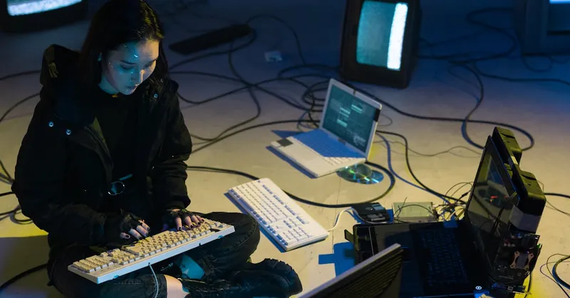 Young Asian woman engaged in computer hacking in a dimly lit, technologically equipped room.