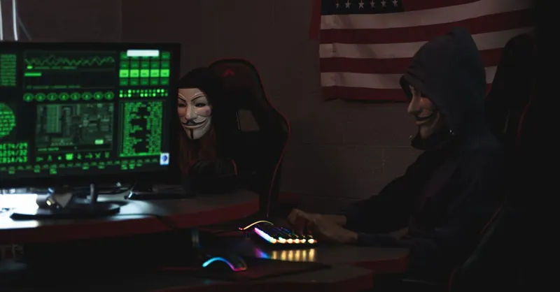 Two anonymous individuals wearing hacker masks use computers in a dark room with an American flag backdrop, highlighting cyber security themes.