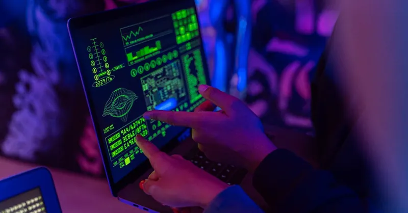 A person analyzing cybersecurity data on a laptop in a dimly lit room.